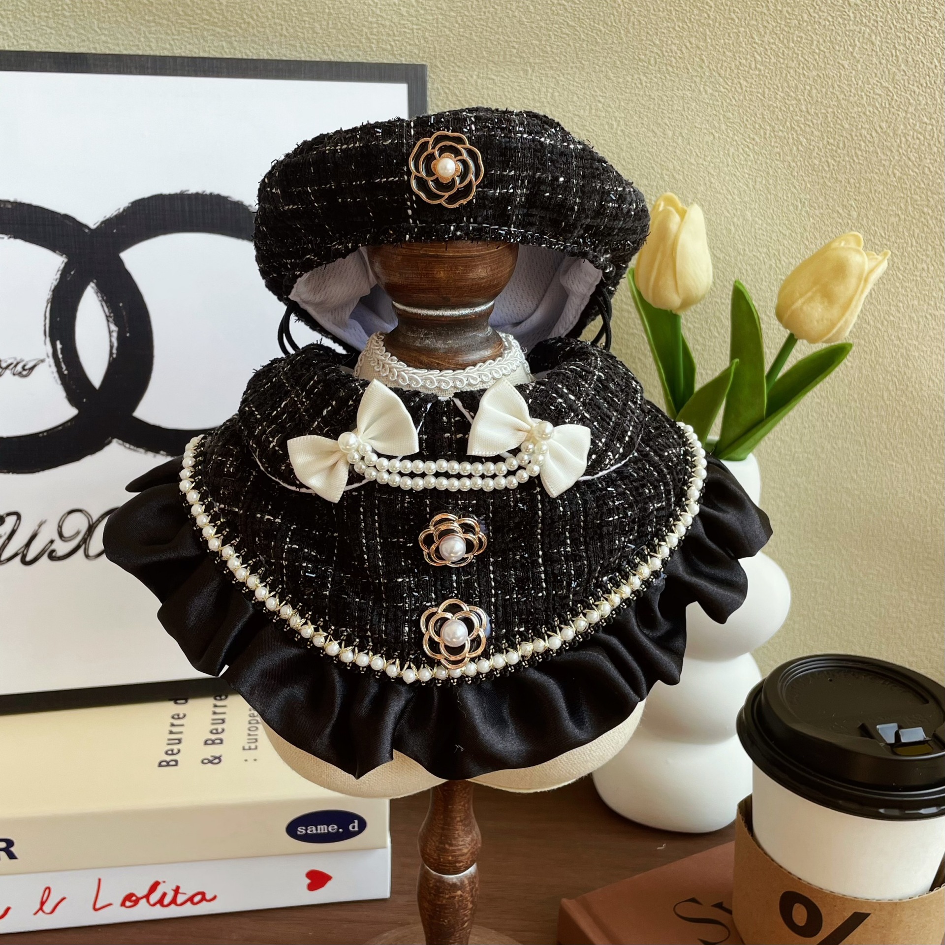 Black chanel-style collar + black camellia hat set / S size within 2.5kg