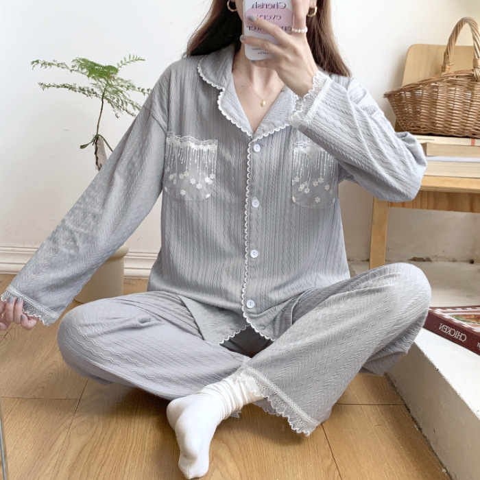 Estilo Chanel Sucio rosa pijamas de las mujeres jacquard algodón solapa cardigan manga larga otoño y el invierno dulce niña casual desgaste del hogar traje