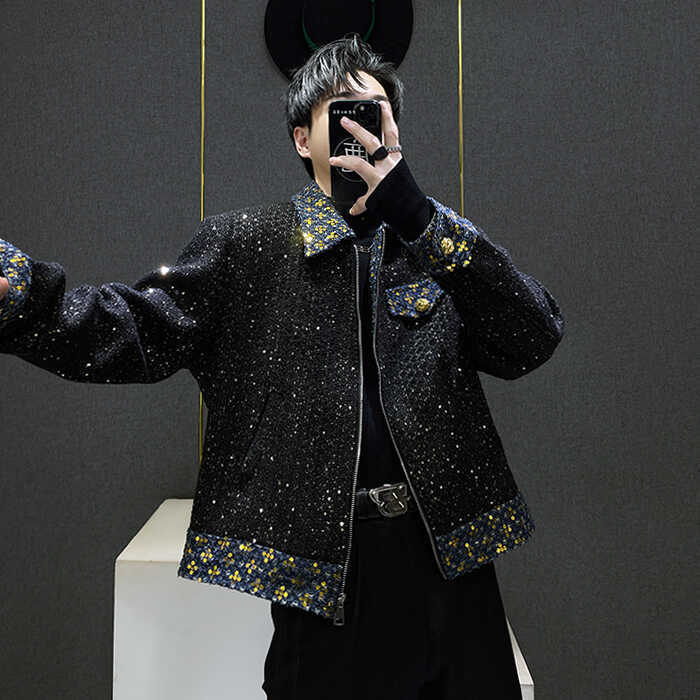 Tweed Sequins Contrast Color Chanel Style Coat Men's Autumn and Winter High-end Glister Shining Jacket Top Trend