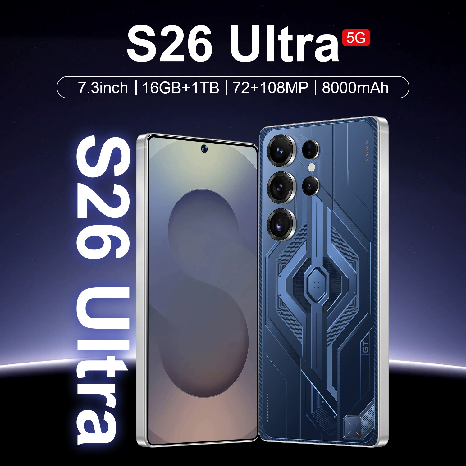 Смартфон S26 Ultra, 7.3-дюймовый AMOLED, 16ГБ + 1ТБ, 108МП + 72МП, 8000 мАч, 5G