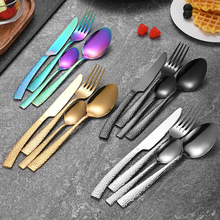 亚马逊304方柄锤纹不锈钢牛排刀叉勺西餐具蛇纹餐具套装甜品勺420