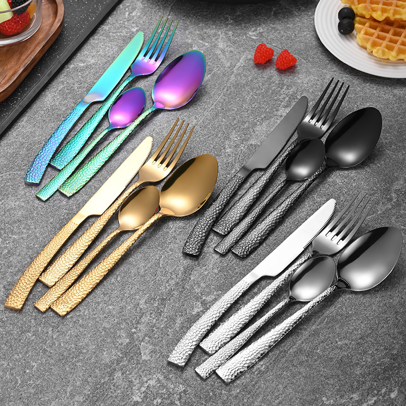 亚马逊304方柄锤纹不锈钢牛排刀叉勺西餐具蛇纹餐具套装甜品勺420