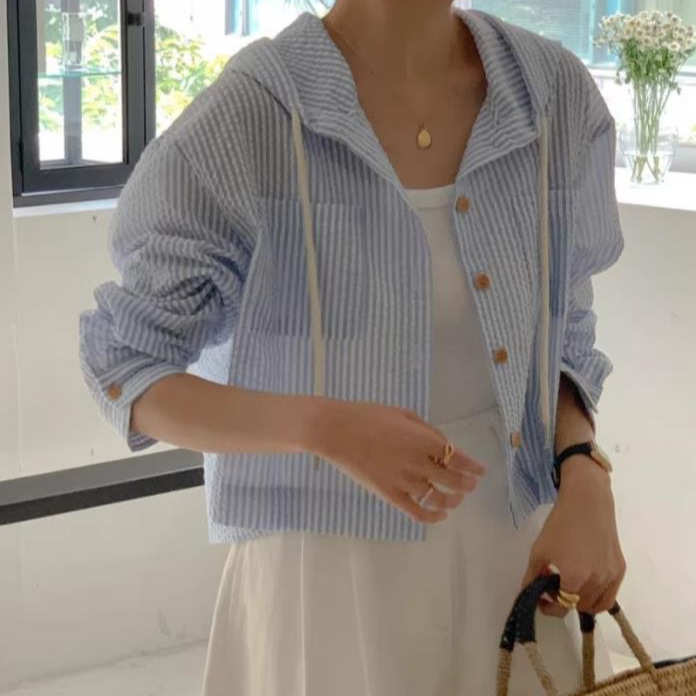 South Korea Chic Summer Elegant All-match Single-breasted Striped Contrast Color Short Loose Long-sleeved Sunscreen Hooded Shirt for Women