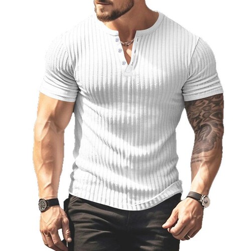 2025 European and American Solid-Color Summer New All-Match Men's T-Shirt Amazon Henley Shirt Casual Knitted Short-Sleeved T-Shirt for Men
