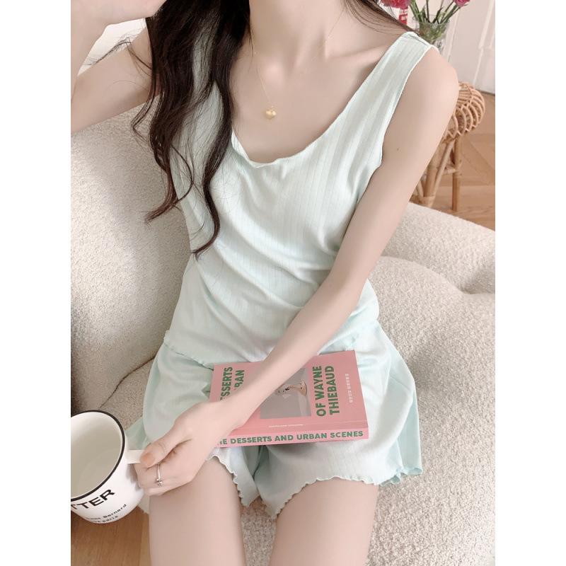 Real Shot of 2026 Women's Pajamas, New Korean Style Summer Three-Color Vest with Chest Pads, Home Wear Casual Shorts Set
