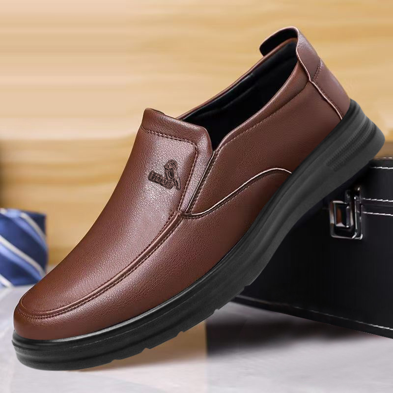 Dropshipping 2025 New Leather Shoes for Men, Business Casual, Non-Slip, Soft Sole, Stitched Shoes for Middle-Aged and Elderly Dads