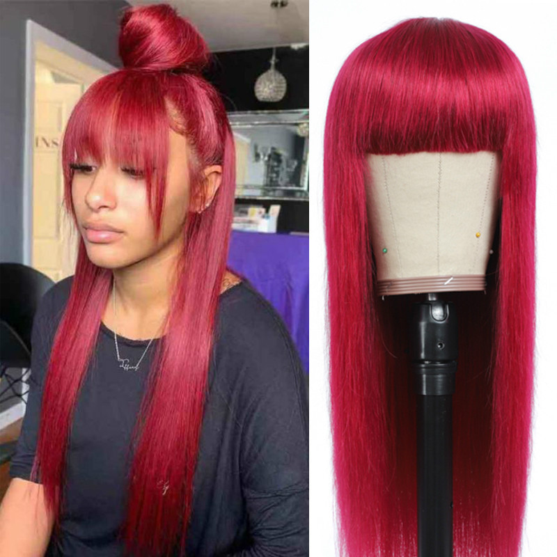 Syntetisk peruk Röd för kvinnor med långt rakt hår slät lugg Slät och silkeslen pannbandsöverdrag moderiktigt perukskydd_voghion.com