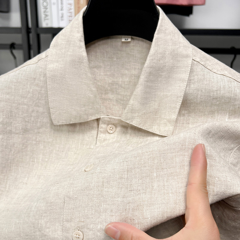 100% リネン半袖 Tシャツメンズシャツ無地ラペル夏の新しい中国風の若者と中年のシャツ薄いスタイル|undefined