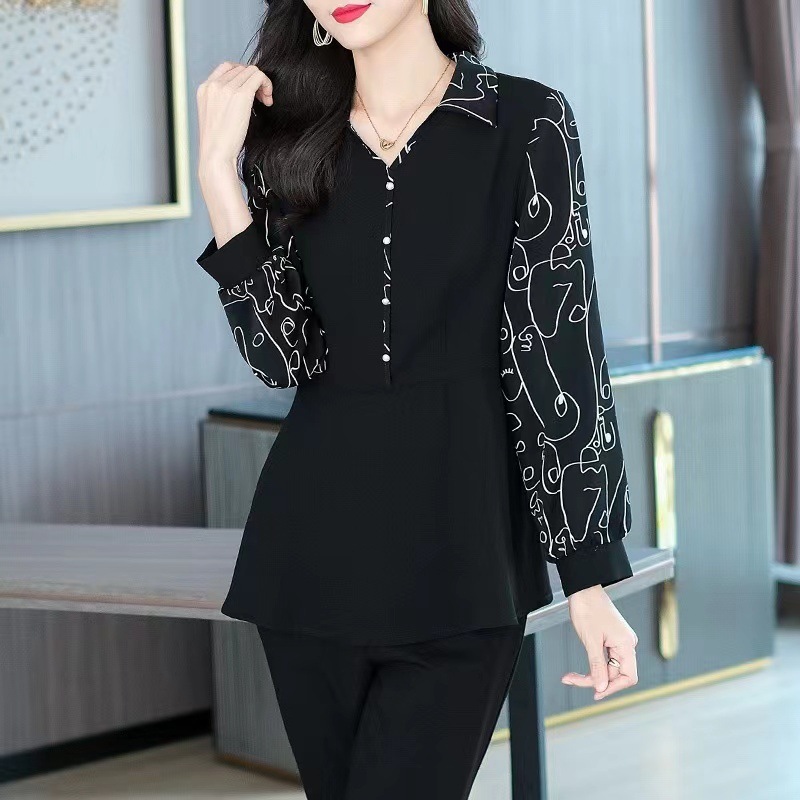 봄과 가을 새 꽃 접합 긴 소매 셔츠 200 진 플러스 사이즈 여성 통통녀 기질 V-NECK 배꼽 덮음 쉬폰 셔츠