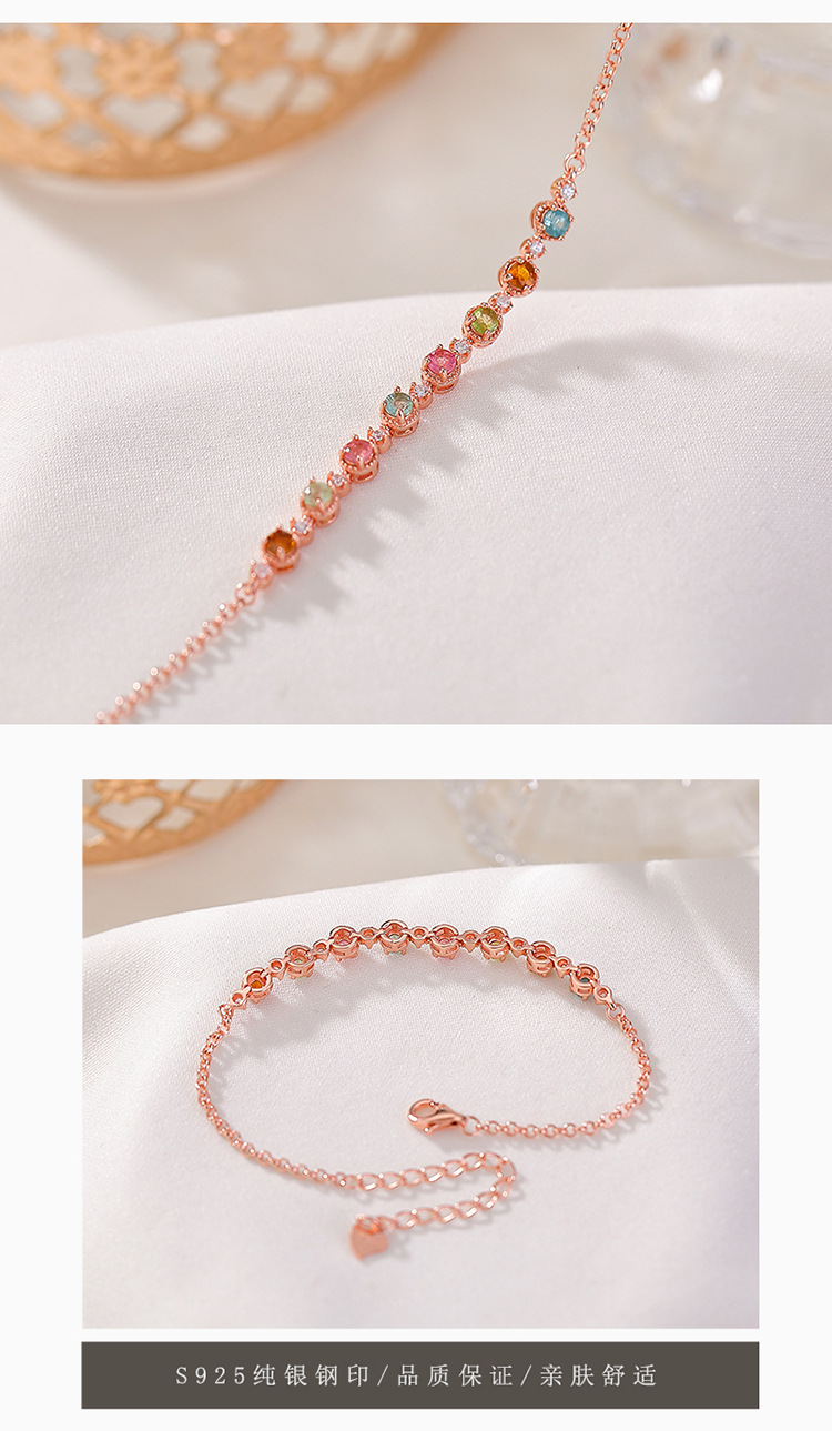 Vòng tay bạc S925 mạ vàng hồng đính tourmaline hạt tròn hình học — Một mảnh (tourmaline màu ngẫu nhiên) chi tiết 5