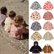 现货25秋冬新款童装ks同款小猫蝴蝶结天鹅甲壳虫条纹羊羔毛毛外套