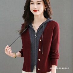 假两件上衣2025新款时尚洋气短款连帽毛衣外套女装秋冬季针织开衫