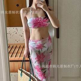 ins风博主同款海岛沙滩度假落分体长裙比基尼泳衣性感纯欲风抹胸