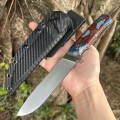ハイエンドアウトドアストレートナイフサンドビックブレードダマスカスG10ハンドル一体型キールカーボンファイバーKシースキャンプ