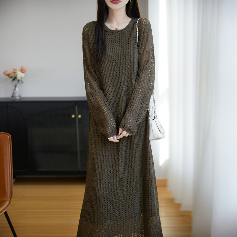 春夏の新作フレンチルーズレイヤード中空ロングセーター女性の長袖フード付きドレス|undefined