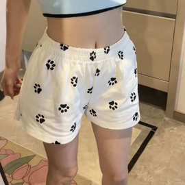 狗狗脚印短裤女夏新款显瘦印花白色休闲阔腿三分热裤源头一件代发