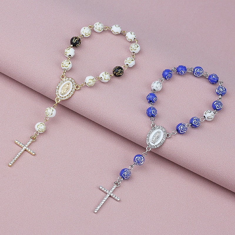 Temu European and American hot sale rose beads cross bracelet Virgin Mary women's bracelet rosary bracelet