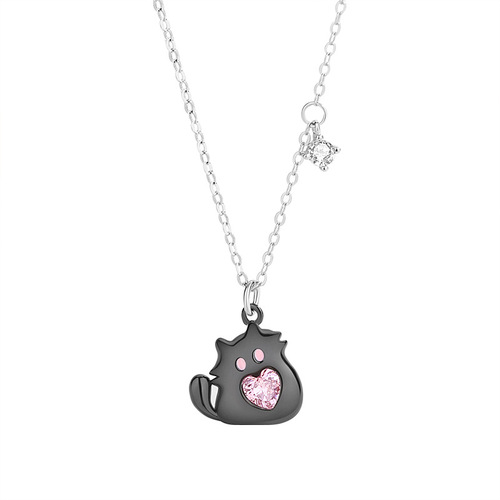 Original pink kitten necklace sterling silver 925 cute cartoon girl heart sweet cool style pendant niche ins clavicle chain