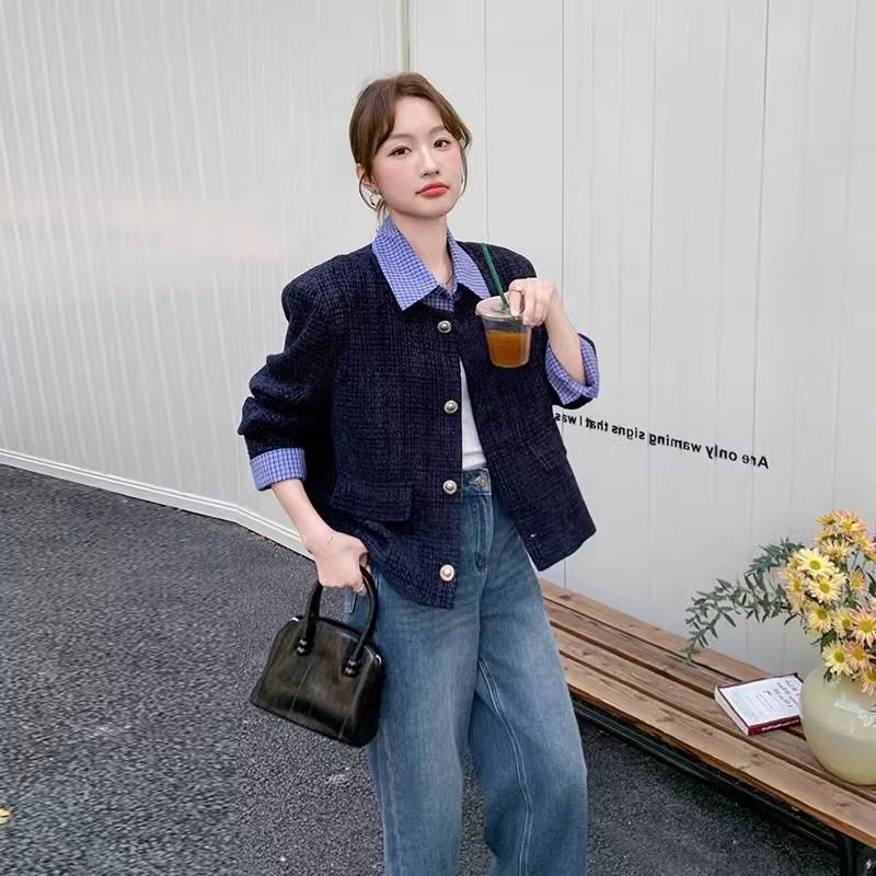 藏青色高级感格纹拼接小香风外套女2025早春新款时髦洋气设计上衣|undefined