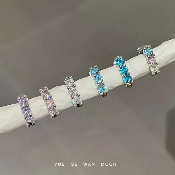 Colorful Straight-Pin Zircon Earrings for Double Ear Piercings, Stackable, Simple and Versatile Plain Hoop Ear Clips, Ear Cuffs, Ear Accessories