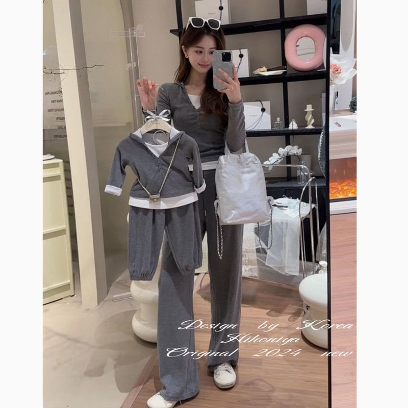 亲子装2024秋季新款显瘦假两件纯色套装粉色运动装儿童女童母女装