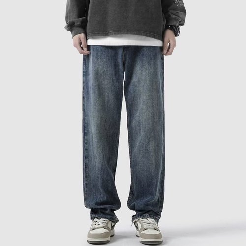 Fall High Street Straight Leg Denim for Men, Trendy Brand Wide Leg American Style Fashion, Versatile Retro Blue Father Pants
