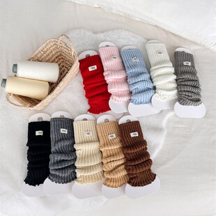 Autumn and Winter Solid Color Thick Line Vertical Stripe Mid-Tube Leg Warmers for Girls and Children, Fabric Label Slouch Socks, Korean Style Versatile Calf Socks