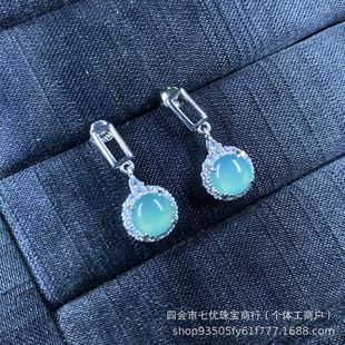 Factory direct s925 sterling silver blue water round earrings earrings emerald egg silver dangerous inlay finished wholesale