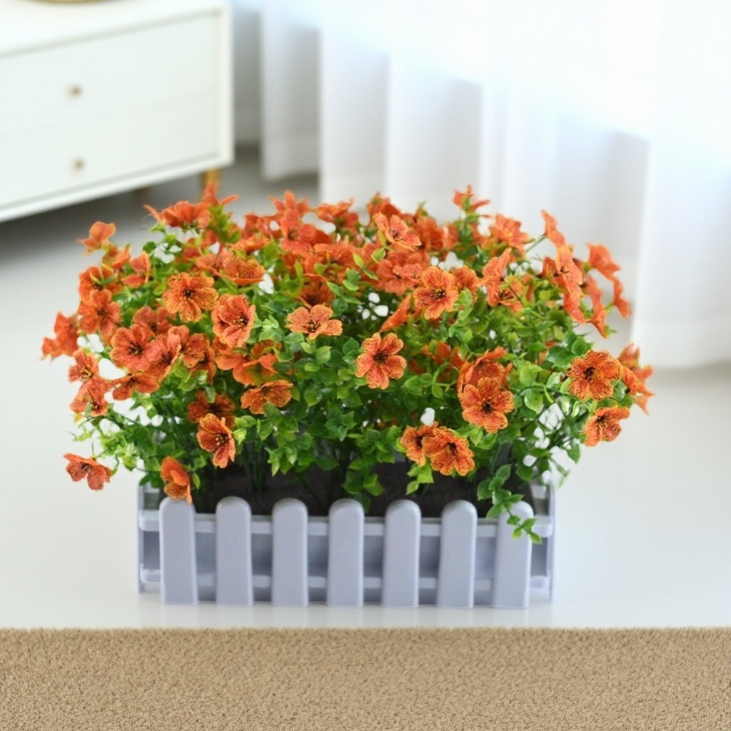 Simulación de valla violeta, esquina de la pared de la flor, partición del alféizar de la ventana, decoración, decoración de flores falsas, planta en maceta de eucalipto