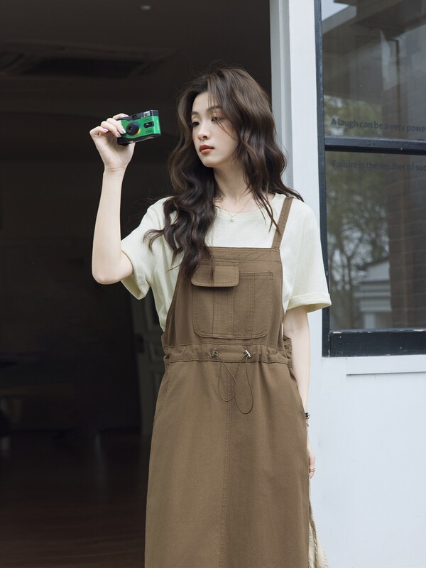 Su Mian Retro Coffee-Colored Denim Suspender Skirt Spring and Summer New Style Workwear Casual Versatile Slit Long Dress