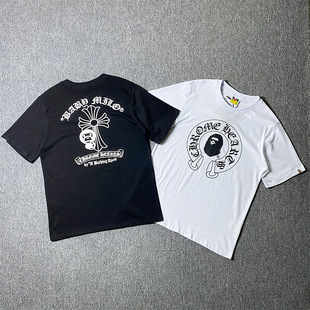 BAPE Cross-border Trade Short-sleeved Cross Little Monkey Sanskrit Printed Trendy Loose Cotton Round Neck Men's and Women's T-shirts