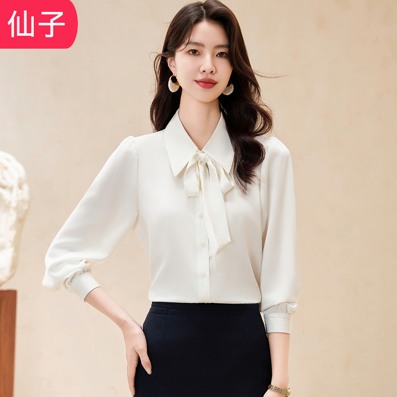 Satin Chiffon White Shirt Women's Manufacturer Spring & Fall Work Clothes Elegant Bow Long-Sleeved Professional Shirt Suit