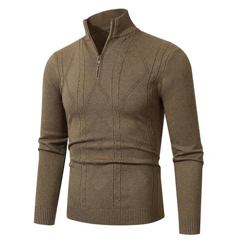 New men's stand-up collar sweater, stylish casual striped half-zip turtleneck knit sweater for men.