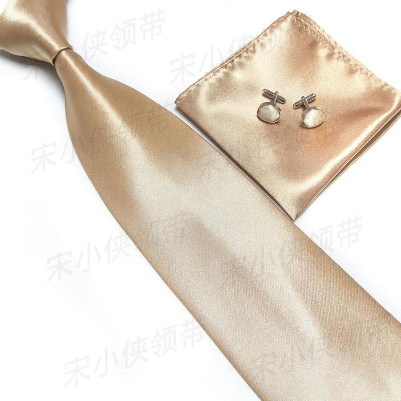 Men's Silk 8cm Wide Hand-Tied Tie Set with Cufflinks and Handkerchief Three-Piece Champagne Color Neck Tie
