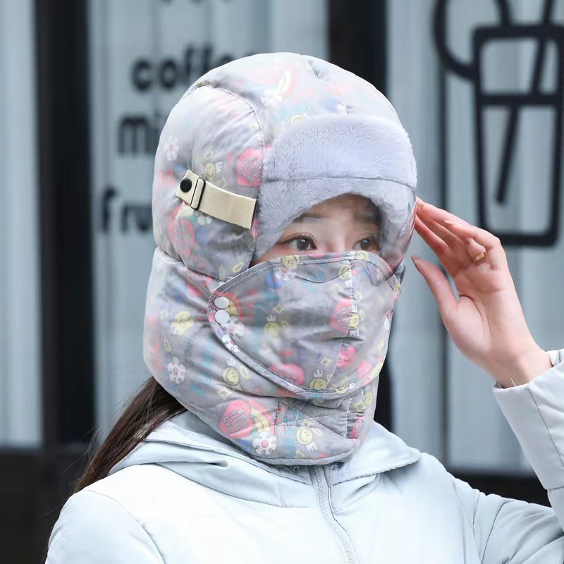 高级感冬季骑车涂鸦雷锋帽女士保暖防寒防风东北套头帽护耳护脖护|undefined