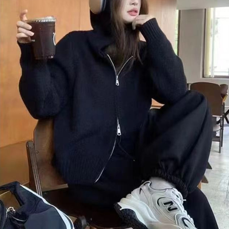 双拉链连帽针织开衫女秋季韩系慵懒风小众设计感叠穿短款别致外套|undefined
