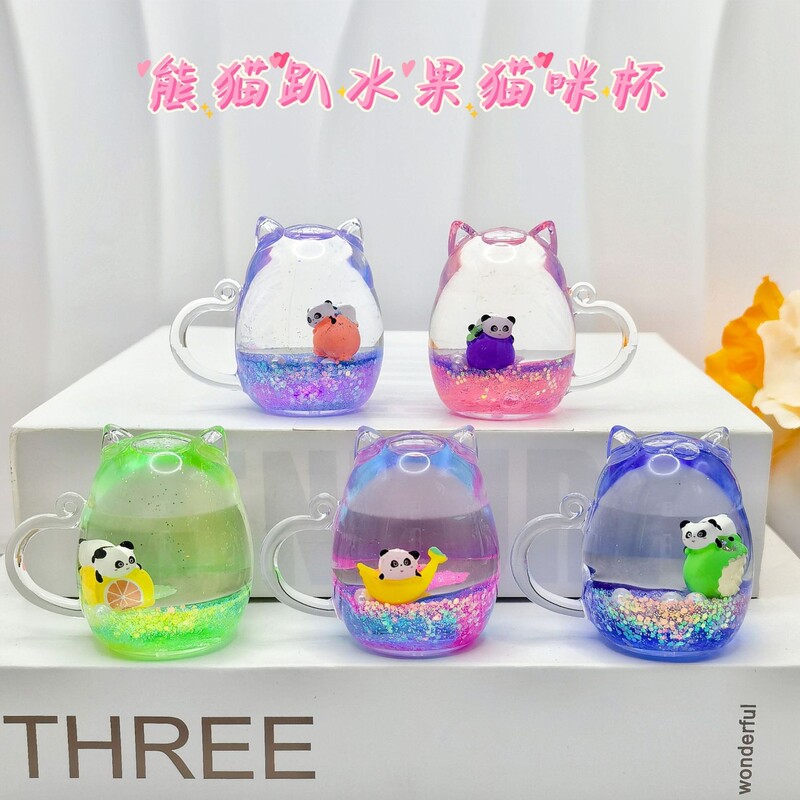 Creative Panda Fruit Acrylic Oil-Infused Liquid Sand Bottle Cat Cup Keychain Car Accessories Desktop Ornaments