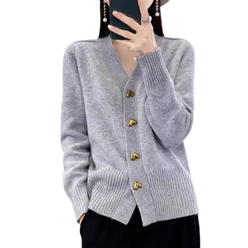欧美跨境外贸秋冬新款纯色简约针织开衫女爱心扣长袖宽松毛衣外套|undefined
