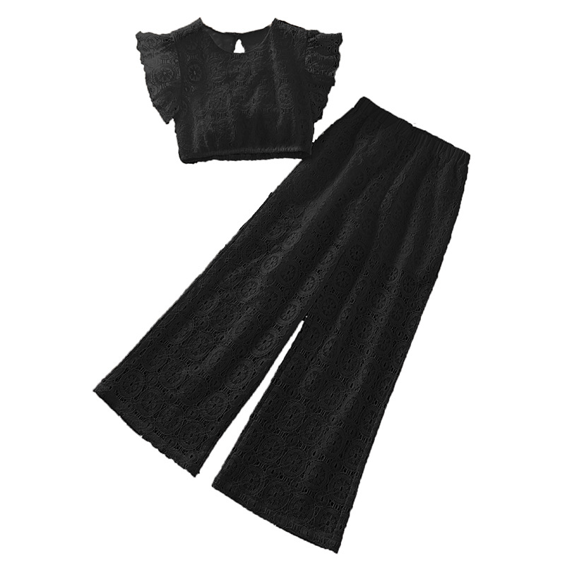 Conjunto de dos piezas para niñas, ropa infantil de comercio exterior, nueva colección primavera/verano 2026, estilo coreano, top con encaje hueco y mangas con volantes, y pantalones de pierna ancha.