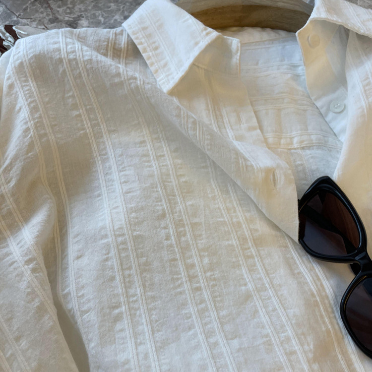 Love This!! M*Ia Korean Single, Simple and Relaxed ~ Vertical Striped Dark Texture Raw Edge Loose Shirt for Women