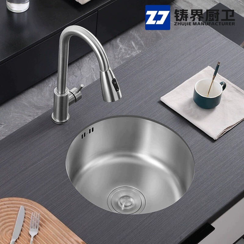 不锈钢圆形水槽厨房水槽单槽洗菜盆圆形岛台吧台小水槽纳米黑金刚|undefined