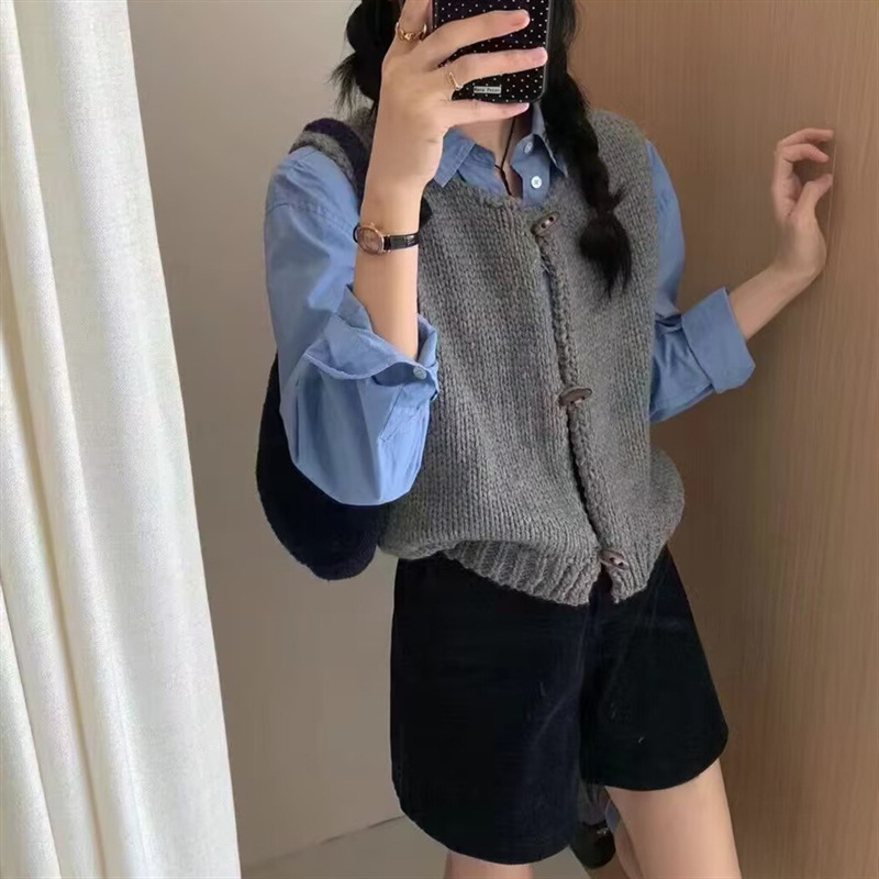 复古牛角扣设计感针织马甲女2025年秋季新款显瘦百搭背心上衣女潮|undefined