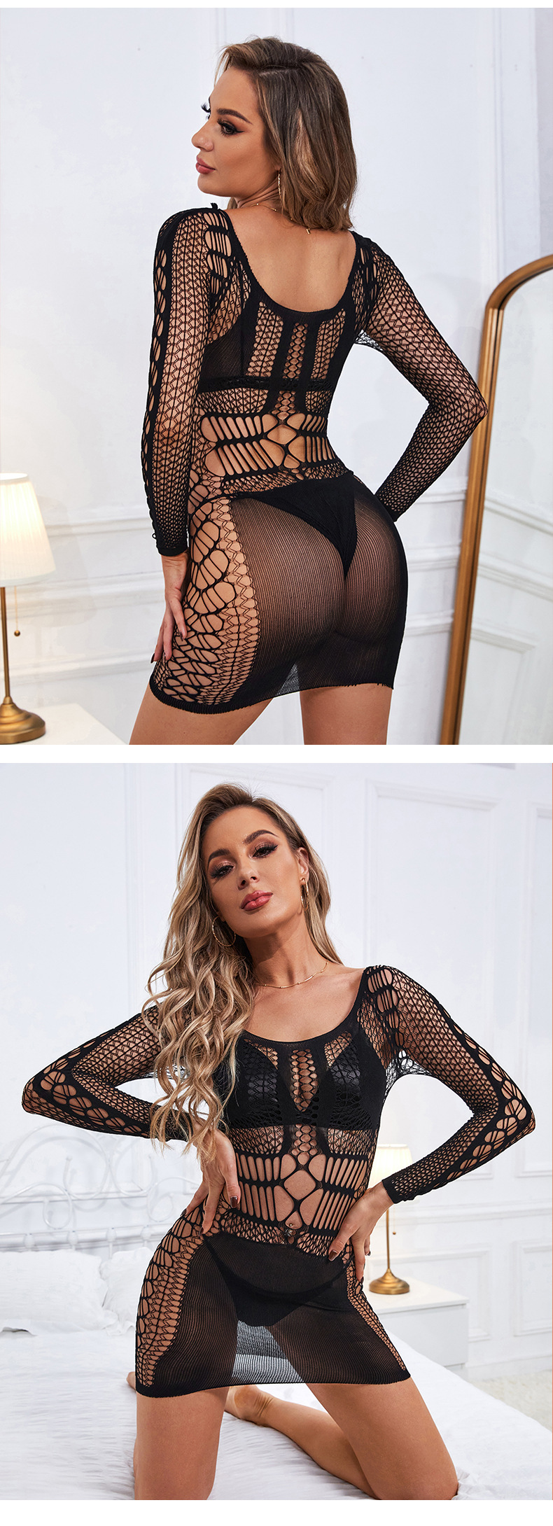 Neue italienische Fun-Net-Kleidung, aushöhlen, sexy Langarm-Big-Mesh-Perspektive_voghion.com