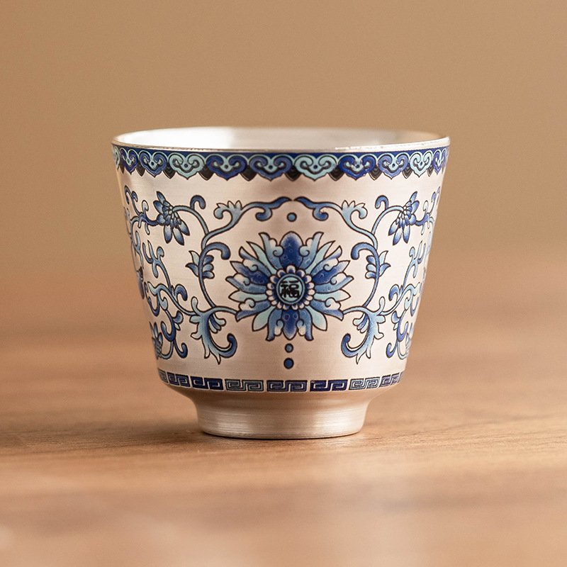 福运年莲鎏银聚香杯喝茶杯家用主人杯高档轻奢个人杯陶瓷品茗杯子