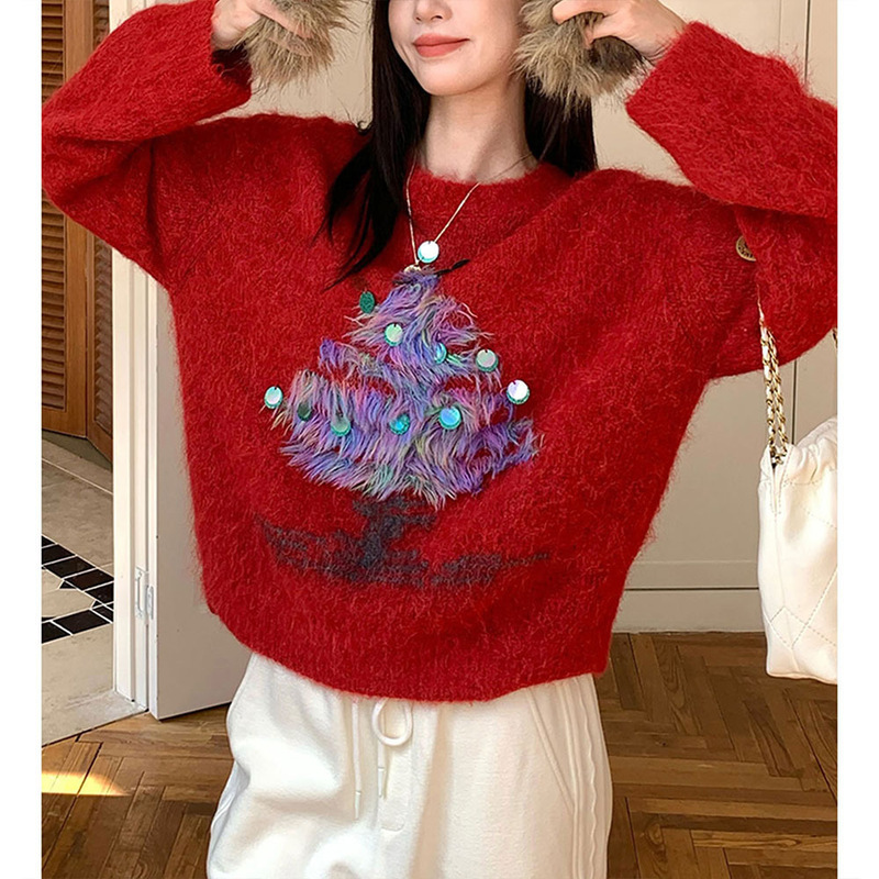 Red Christmas and New Year Style Atmospheric Knitwear Autumn and Winter Heavy-Duty Satin-Dyed Sequin Design Casual Pullover Knitwear