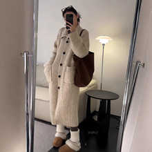 韩系秋冬新款时尚复古慵懒风毛衣纯色百搭长款高领宽松针织开衫女