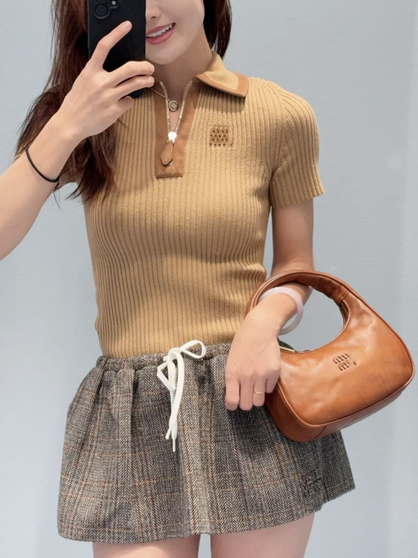 别致夏季法式小众撞色polo领针织小衫短袖女短款上衣|undefined