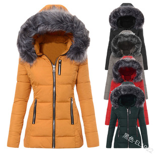 Foreign trade source 2023wish European and American color fur collar zipper decoration slim cotton-padded coat women's thick coat women