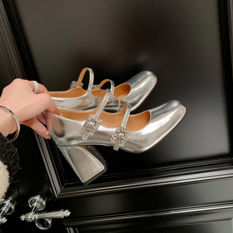 Cowhide version ~ high heels with evening dress Princess style silver design rhinestone Mary Jane women's shoes