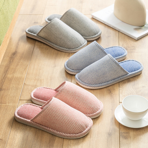 Household slippers for spring, autumn and winter seasons for female couples home non-slip indoor cotton and linen thick-soled men's slippers